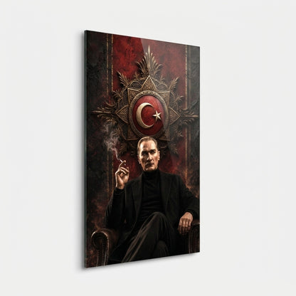 Modern Atatürk Portresi ve Ay Yıldız Arma Dikey Cam Tablo