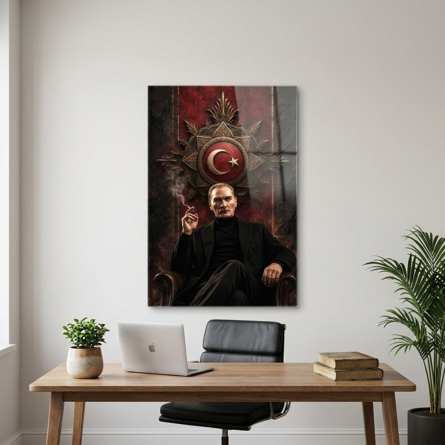 Modern Atatürk Portresi ve Ay Yıldız Arma Dikey Cam Tablo