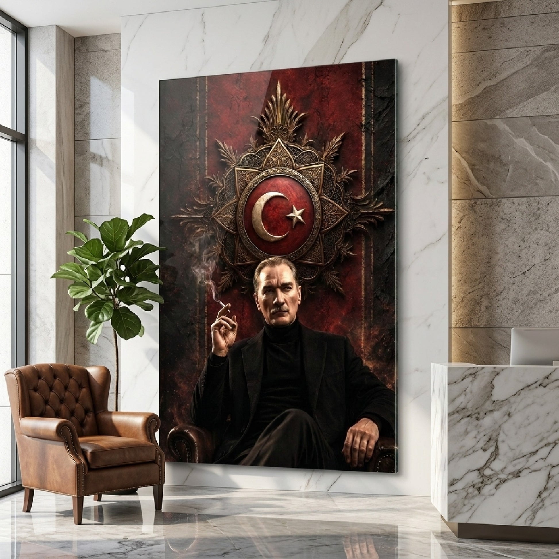 Modern Atatürk Portresi ve Ay Yıldız Arma Dikey Cam Tablo