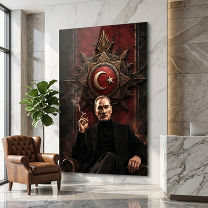 Modern Atatürk Portresi ve Ay Yıldız Arma Dikey Cam Tablo