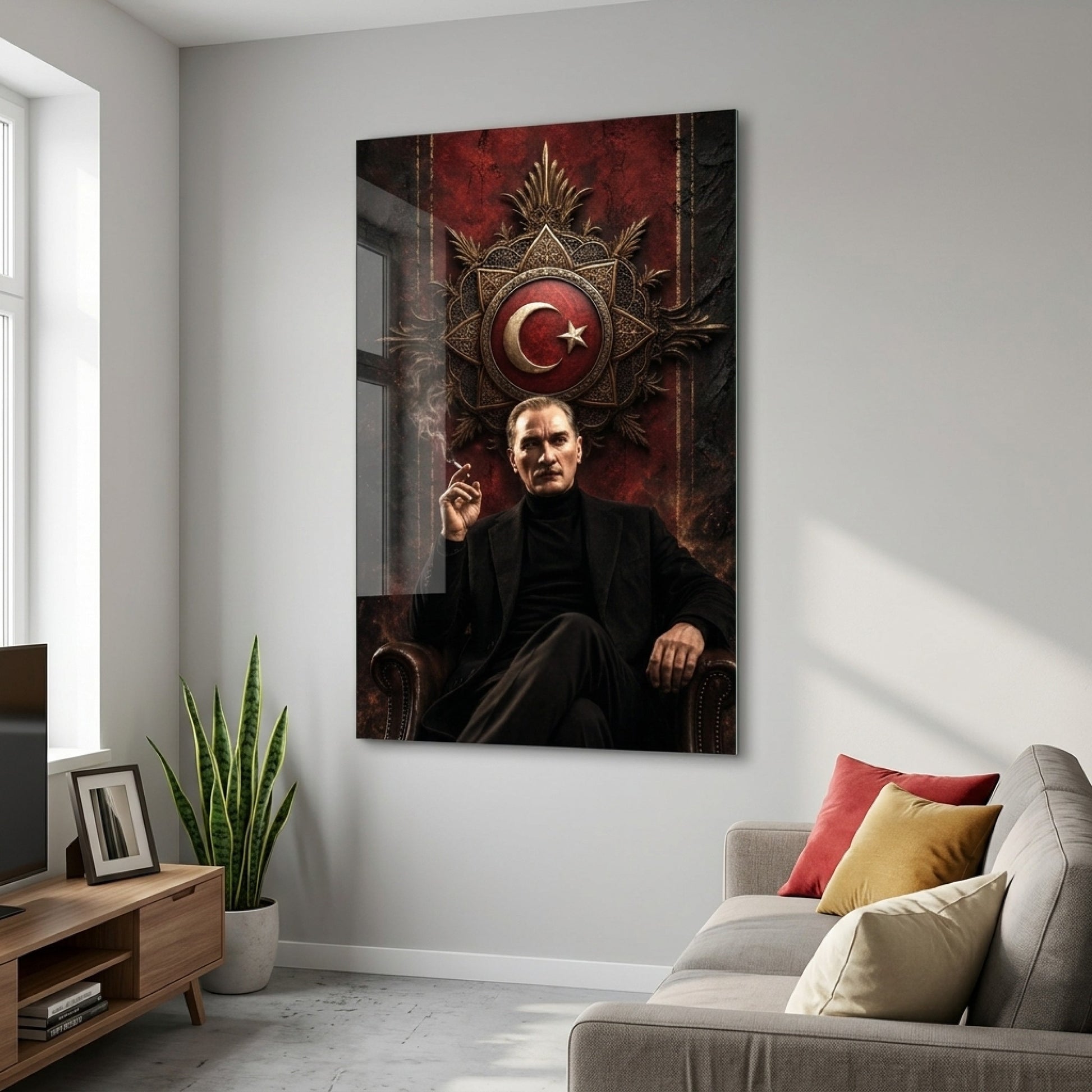 Modern Atatürk Portresi ve Ay Yıldız Arma Dikey Cam Tablo