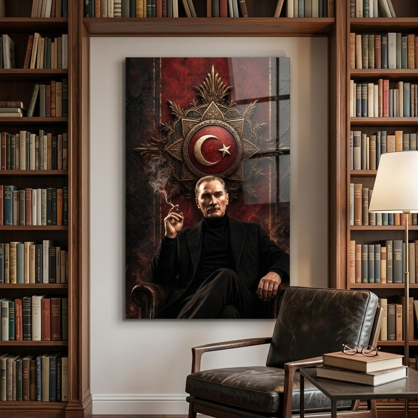Modern Atatürk Portresi ve Ay Yıldız Arma Dikey Cam Tablo