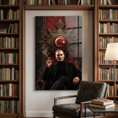 Modern Atatürk Portresi ve Ay Yıldız Arma Dikey Cam Tablo