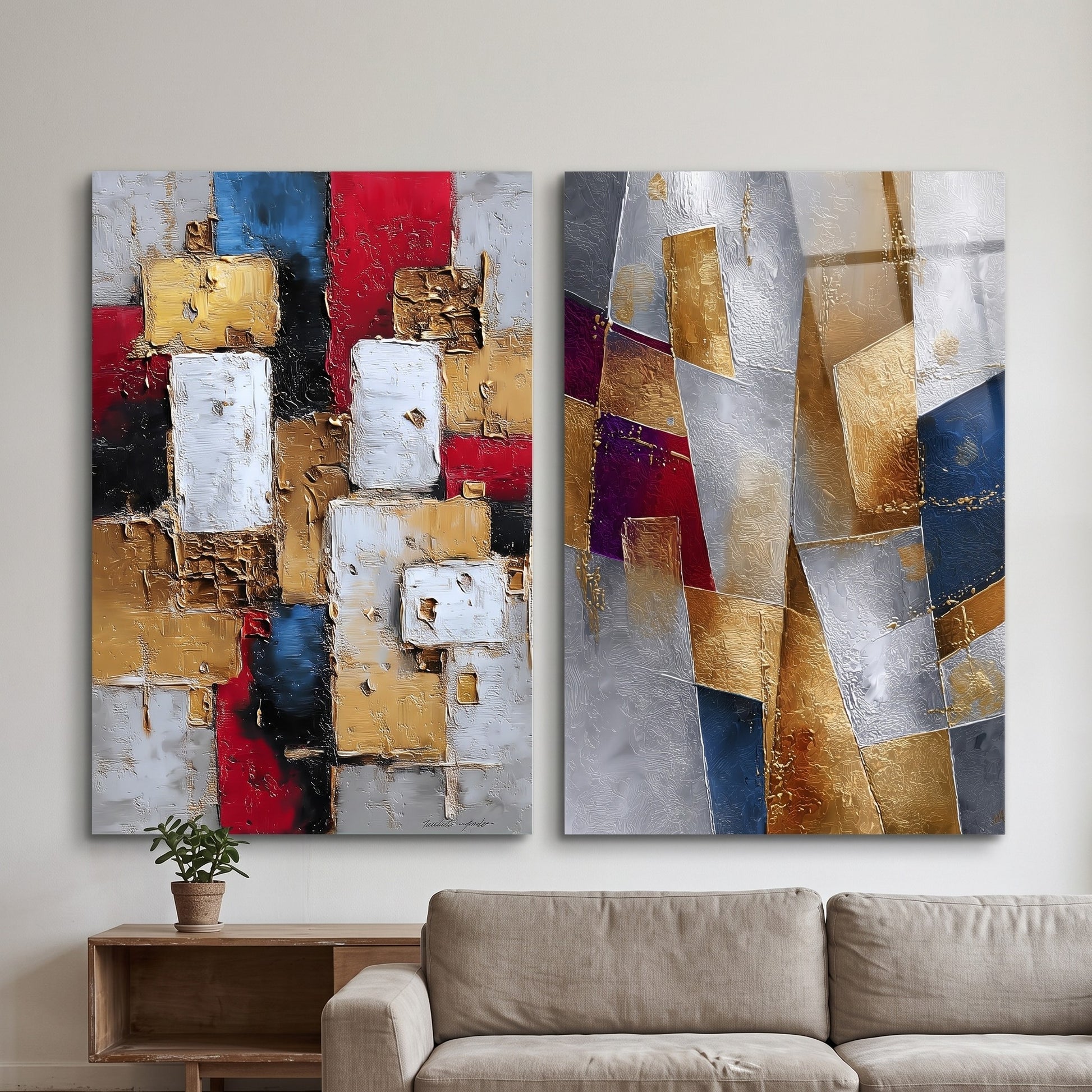 Modern Soyut Altın Sanat Dikey 2'li Set Cam Tablo
