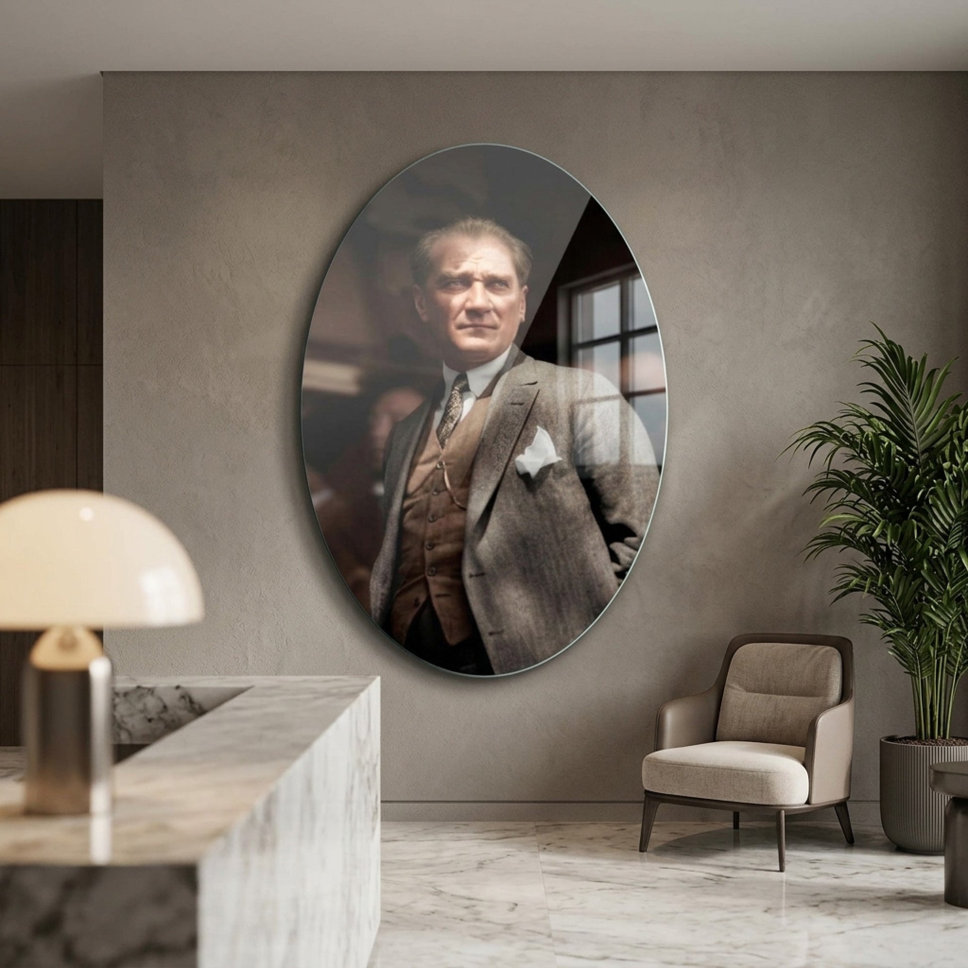 Gazi Mustafa Kemal Atatürk Oval Portre Oval Dikey Cam Tablo