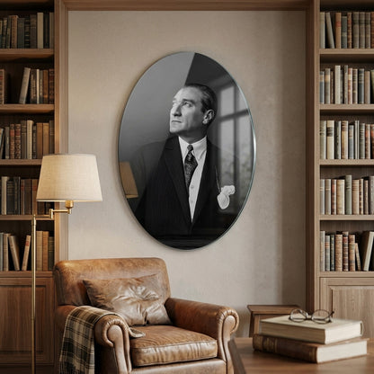 Klasik Siyah Beyaz Atatürk Portresi Oval Dikey Cam Tablo