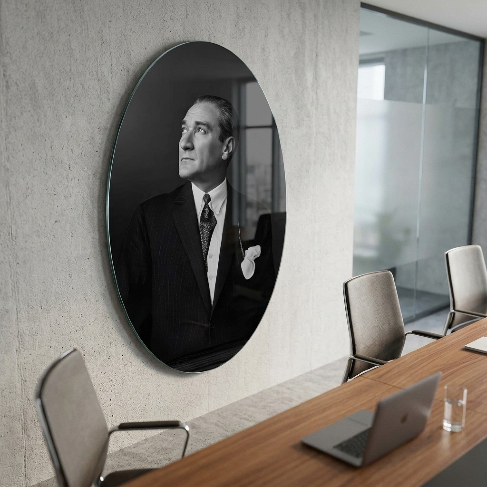 Klasik Siyah Beyaz Atatürk Portresi Oval Dikey Cam Tablo