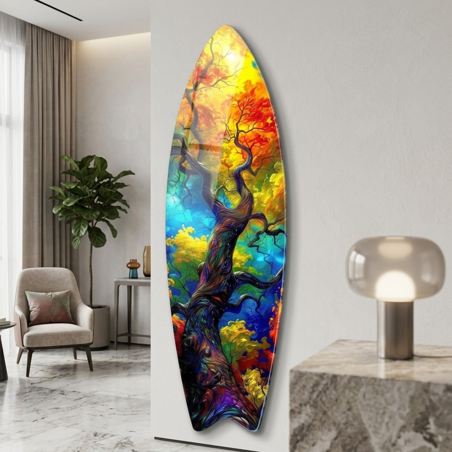 Renkli Hayat Ağacı Soyut Sanat Surf Board Cam Tablo