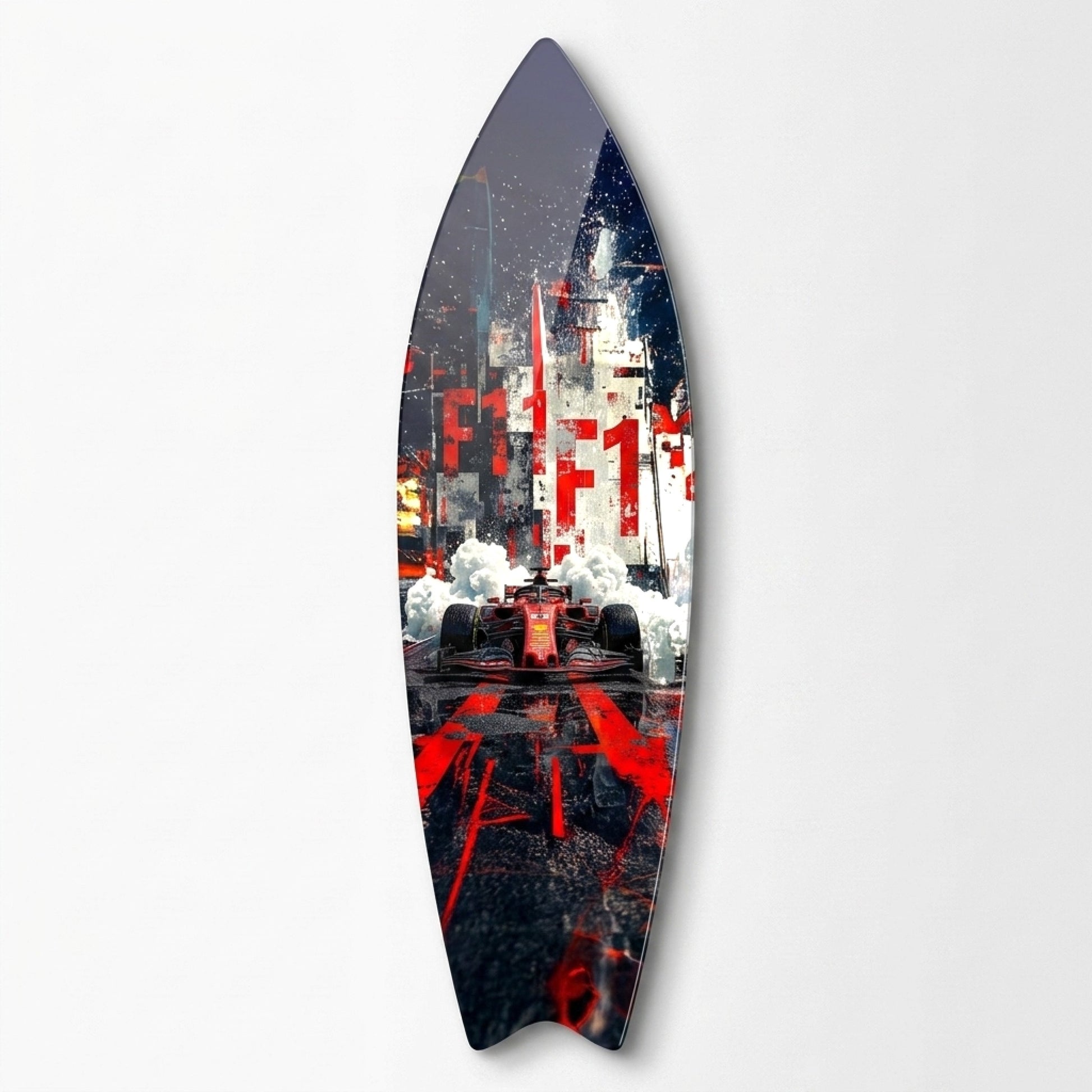 Formula 1 Yarış Heyecanı Kırmızı Araba Surf Board Cam Tablo