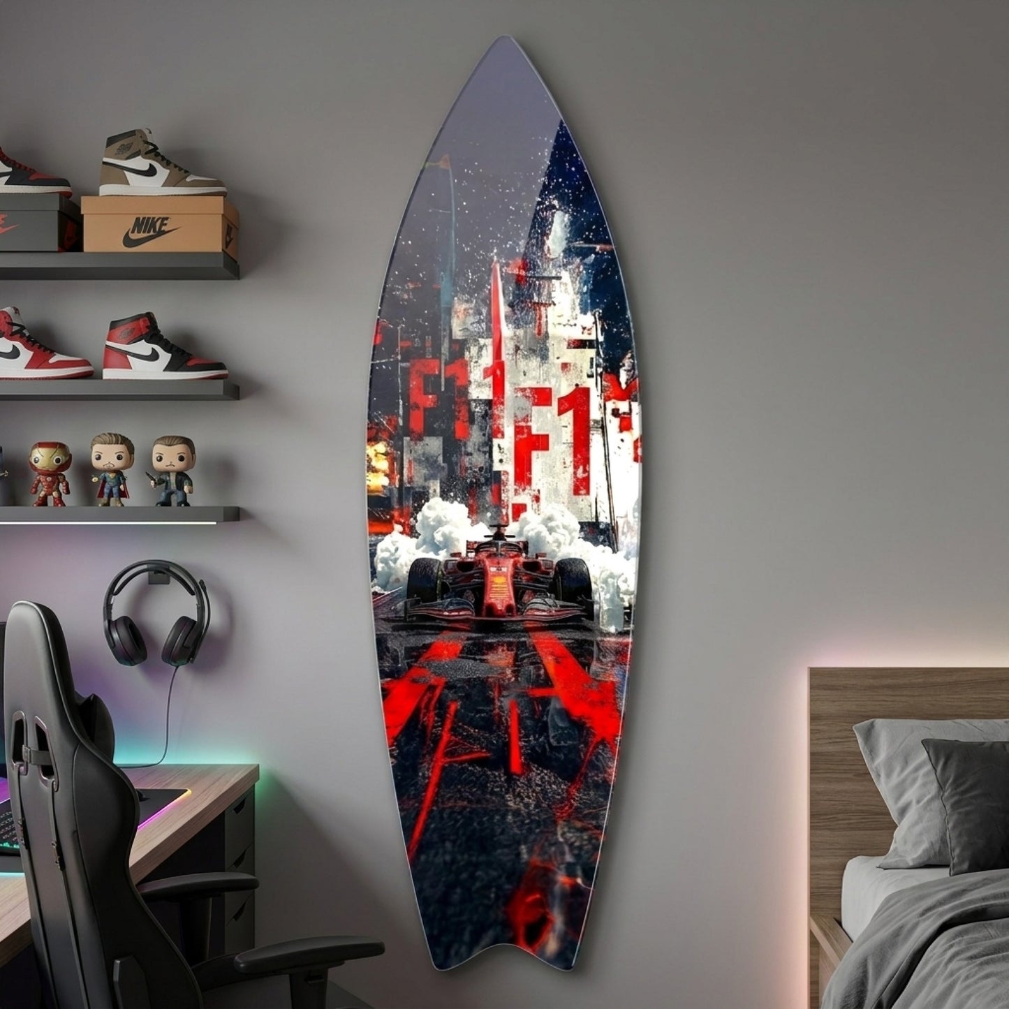Formula 1 Yarış Heyecanı Kırmızı Araba Surf Board Cam Tablo