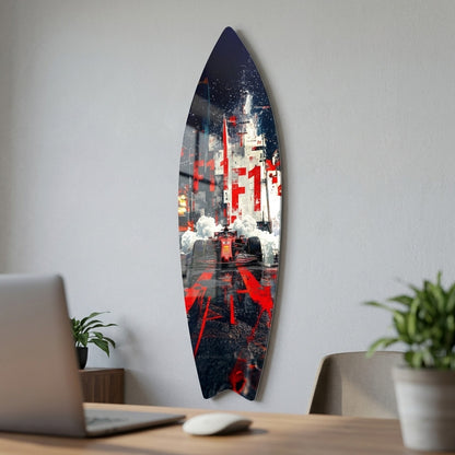 Formula 1 Yarış Heyecanı Kırmızı Araba Surf Board Cam Tablo