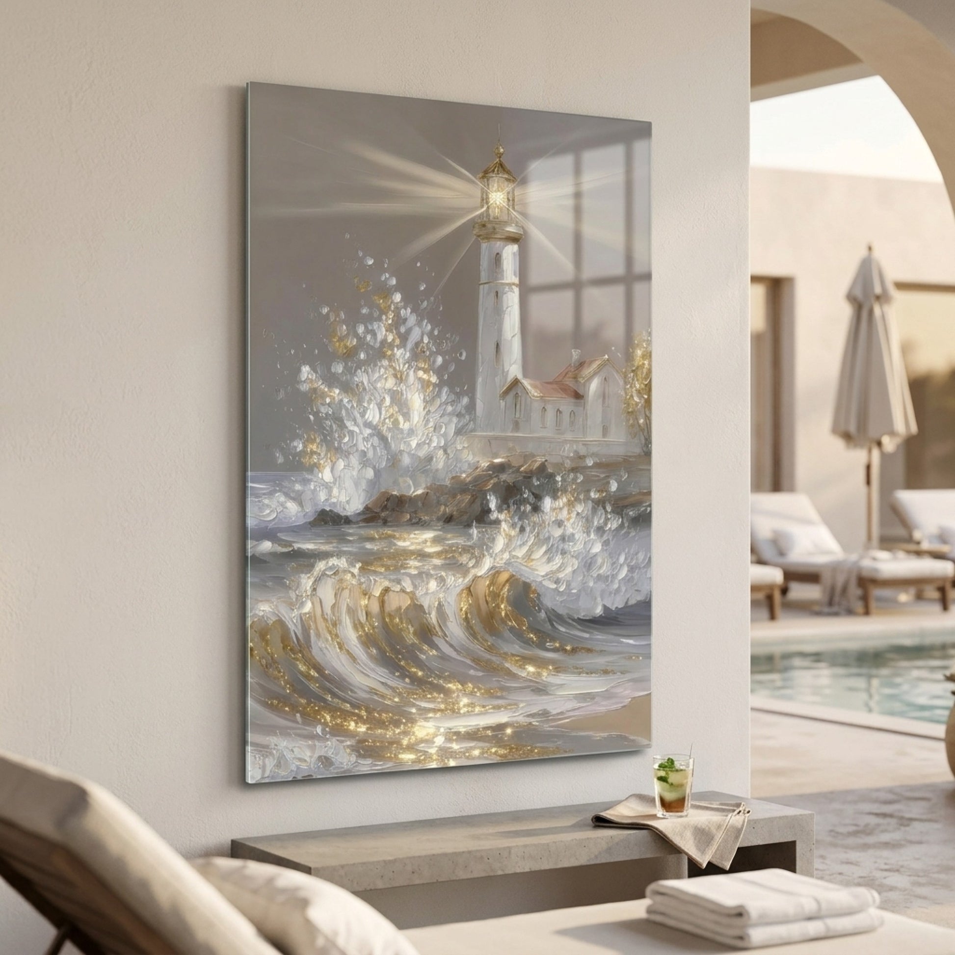 Art Deco Tarzı Altın Detaylı Deniz Feneri Tablosu Dikey Cam Tablo