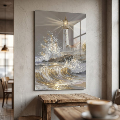 Art Deco Tarzı Altın Detaylı Deniz Feneri Tablosu Dikey Cam Tablo