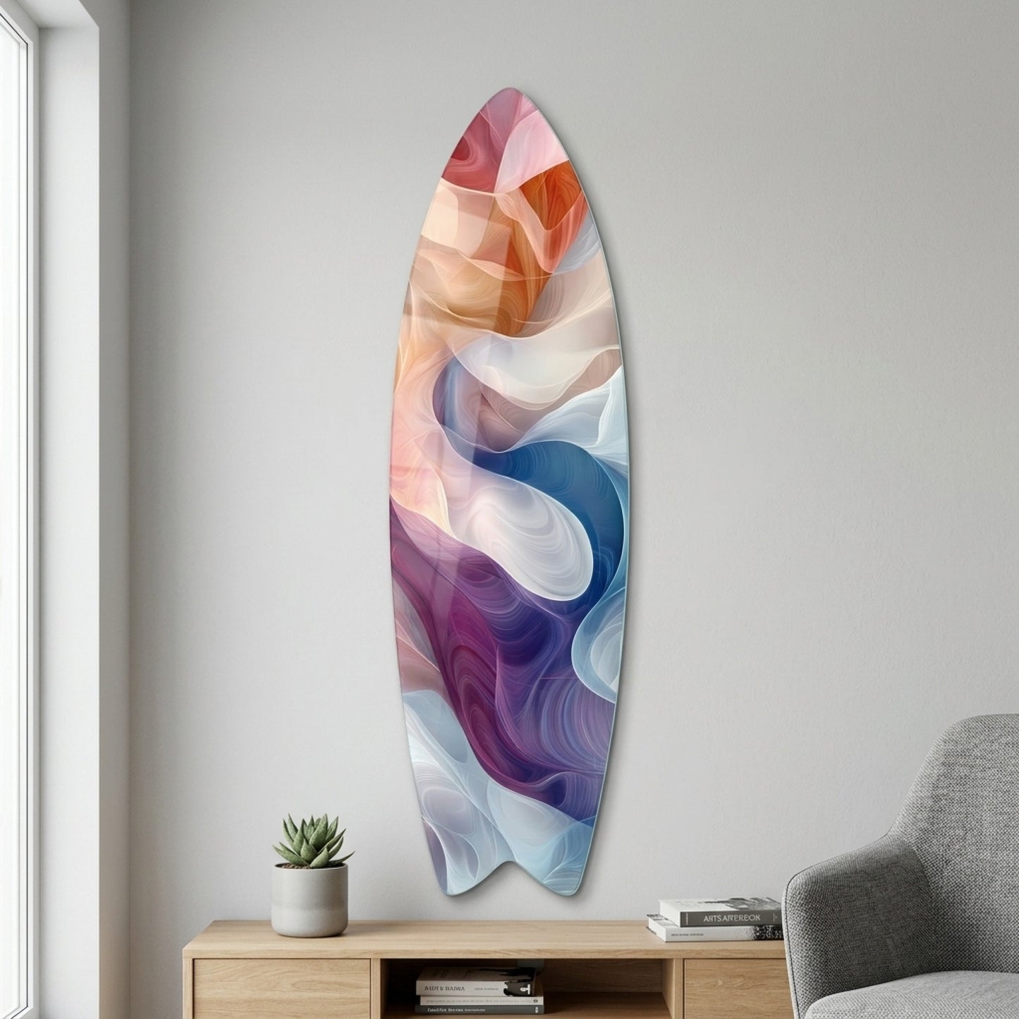Modern Soyut Renkli Akışkan Dalgalar Sanatı Surf Board Cam Tablo