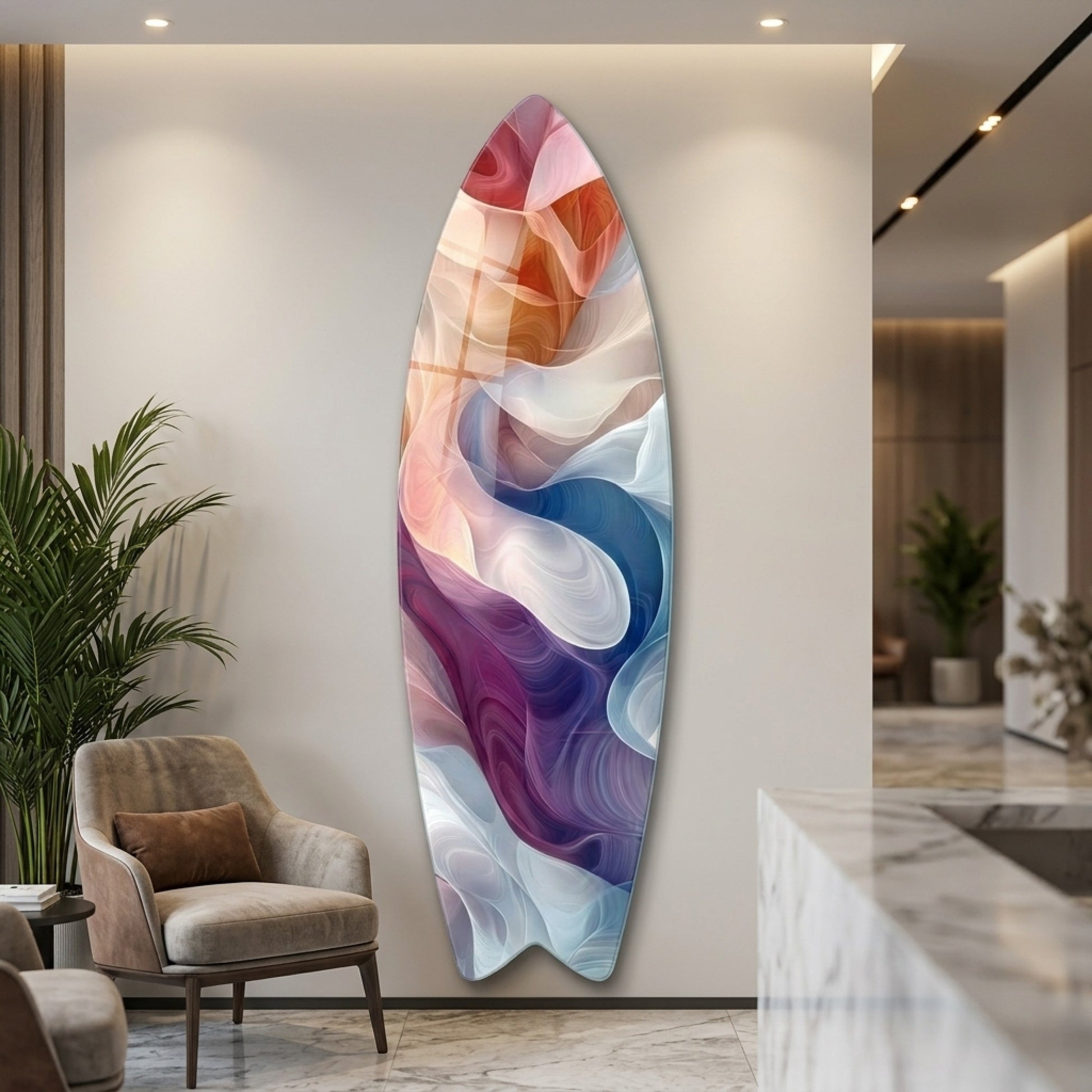 Modern Soyut Renkli Akışkan Dalgalar Sanatı Surf Board Cam Tablo