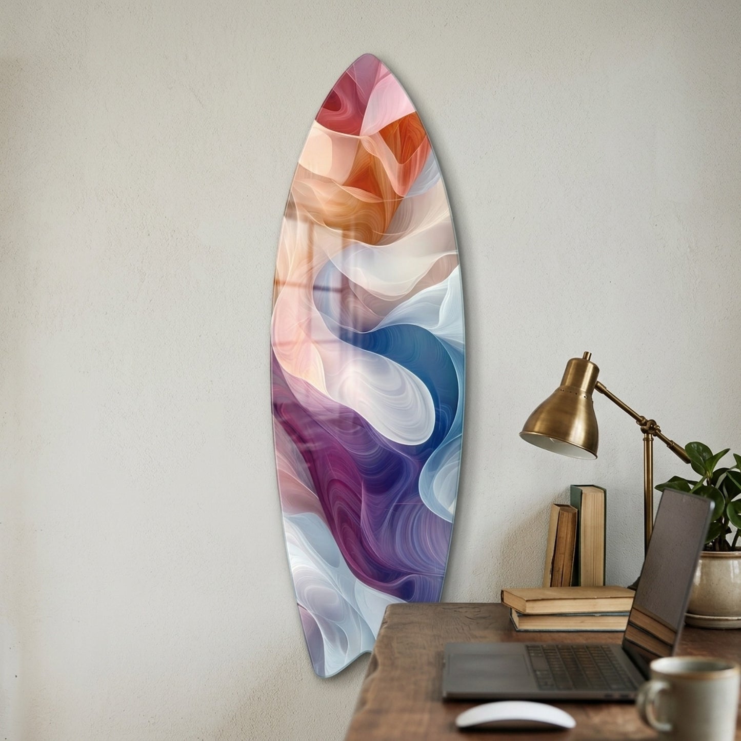 Modern Soyut Renkli Akışkan Dalgalar Sanatı Surf Board Cam Tablo
