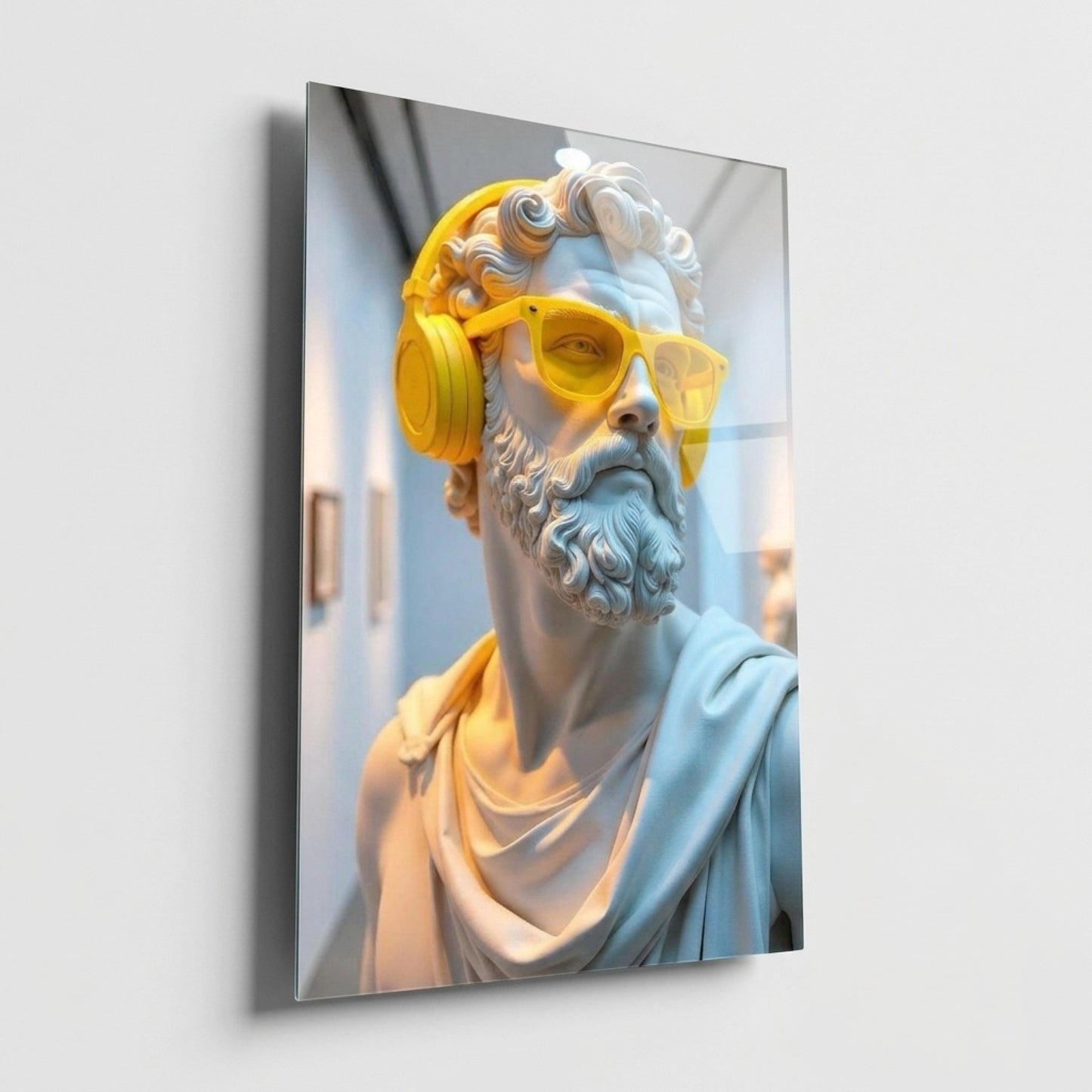 Sarı Kulaklıklı Klasik Heykel Sanat Dikey Cam Tablo