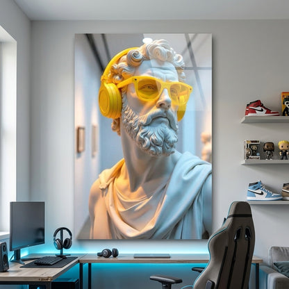 Sarı Kulaklıklı Klasik Heykel Sanat Dikey Cam Tablo