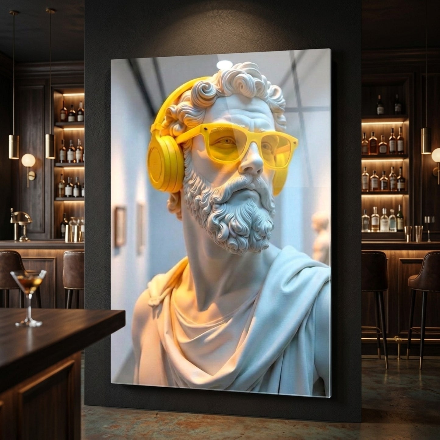 Sarı Kulaklıklı Klasik Heykel Sanat Dikey Cam Tablo