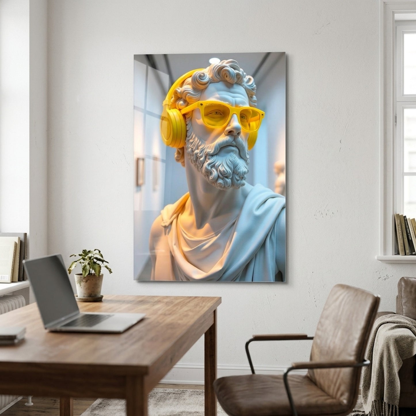 Sarı Kulaklıklı Klasik Heykel Sanat Dikey Cam Tablo