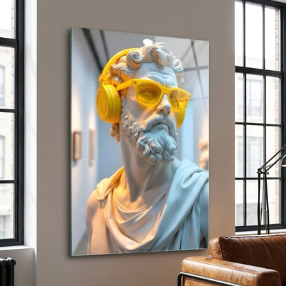 Sarı Kulaklıklı Klasik Heykel Sanat Dikey Cam Tablo