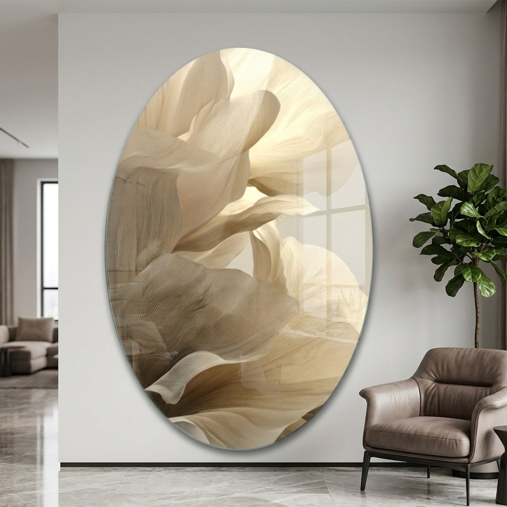Modern Krem ve Bej Renk Geçişli Kumaş Dokusu Oval Dikey Cam Tablo