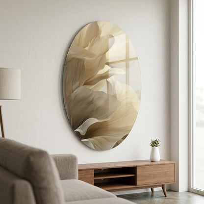 Modern Krem ve Bej Renk Geçişli Kumaş Dokusu Oval Dikey Cam Tablo