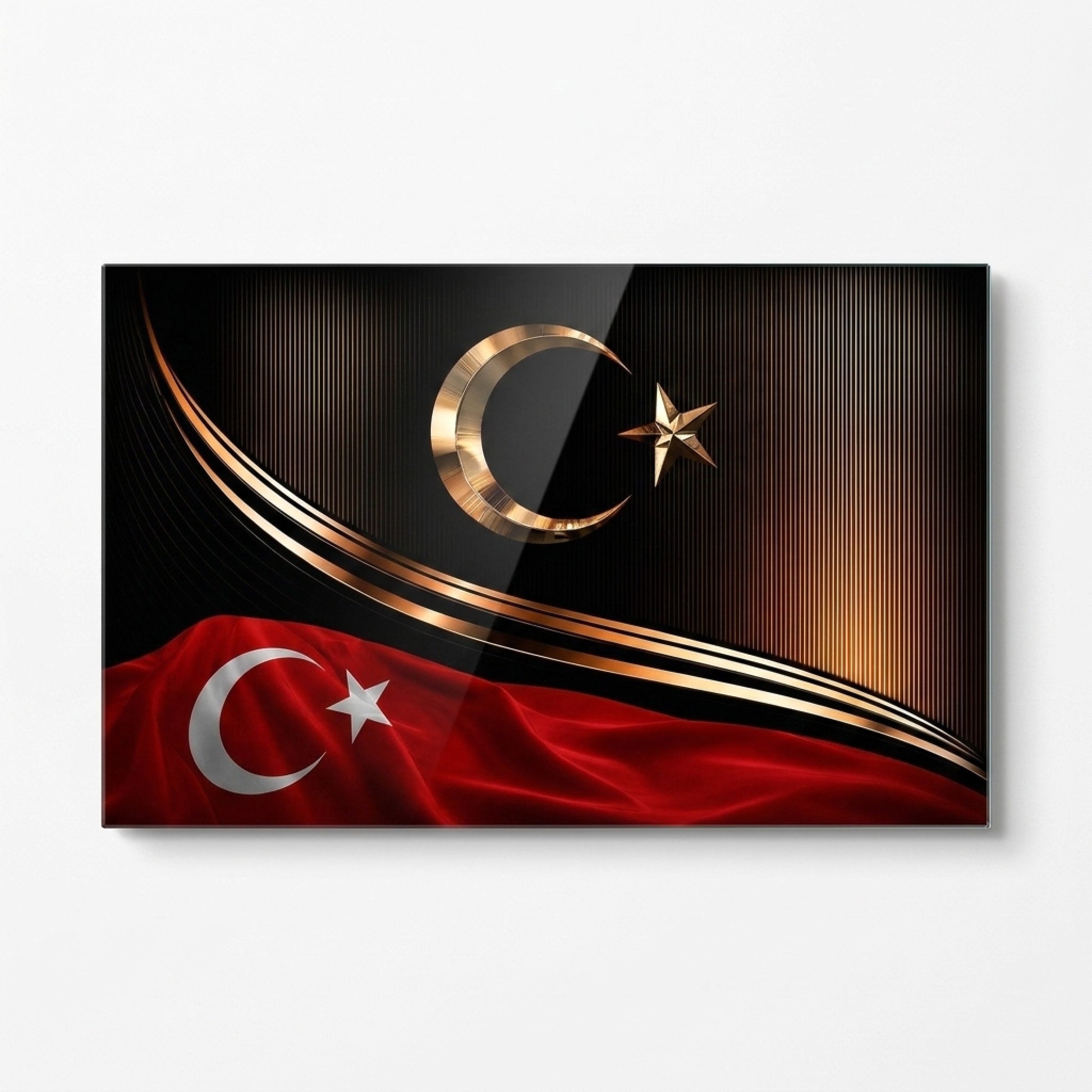 Prestijli Altın Ay Yıldızlı Türk Bayrağı Yatay Cam Tablo