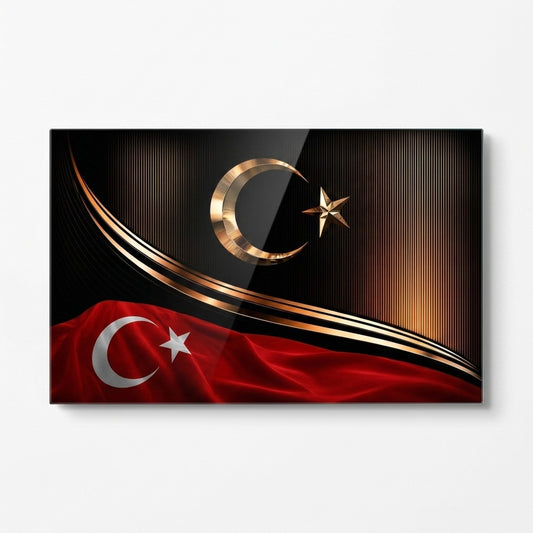 Prestijli Altın Ay Yıldızlı Türk Bayrağı Yatay Cam Tablo