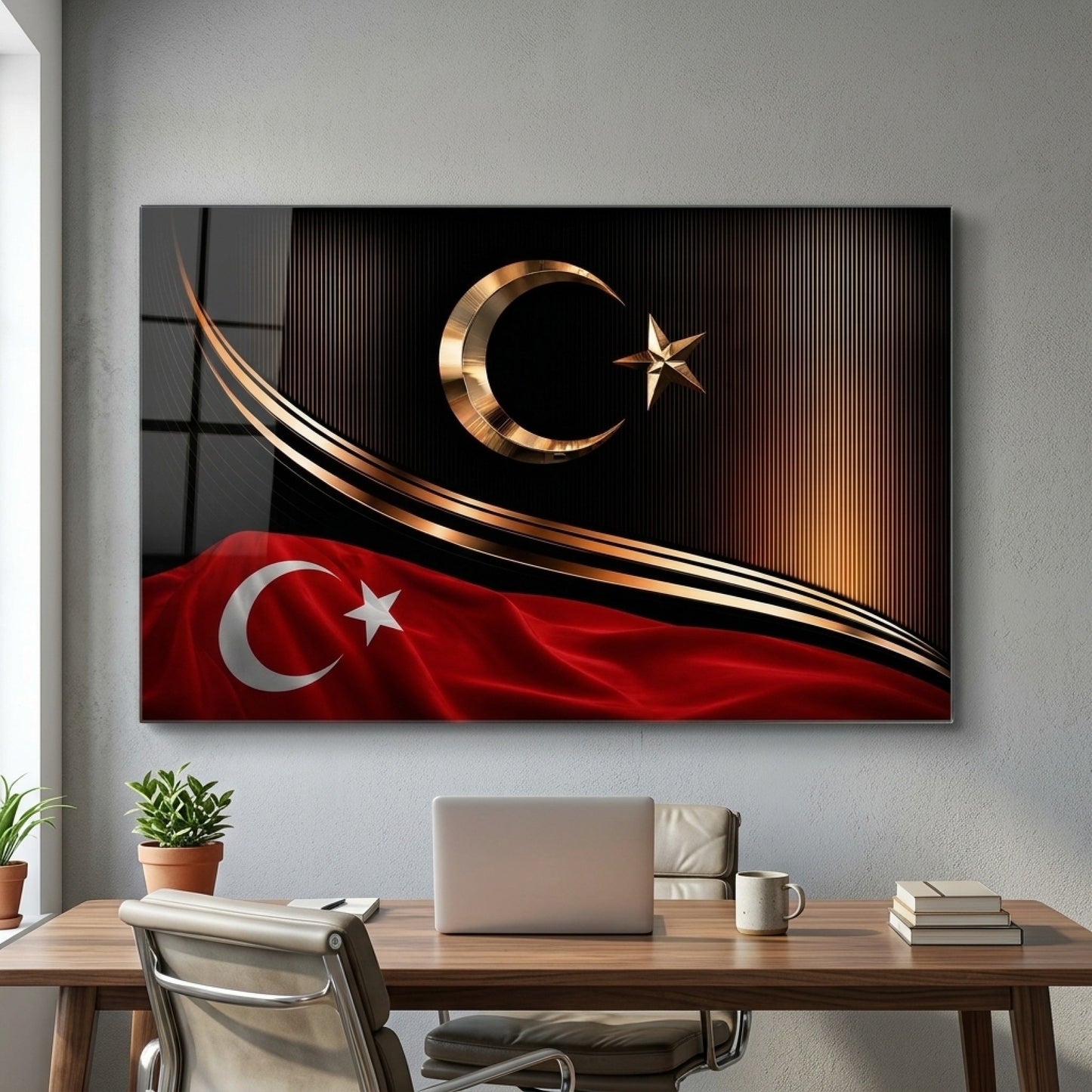 Prestijli Altın Ay Yıldızlı Türk Bayrağı Yatay Cam Tablo