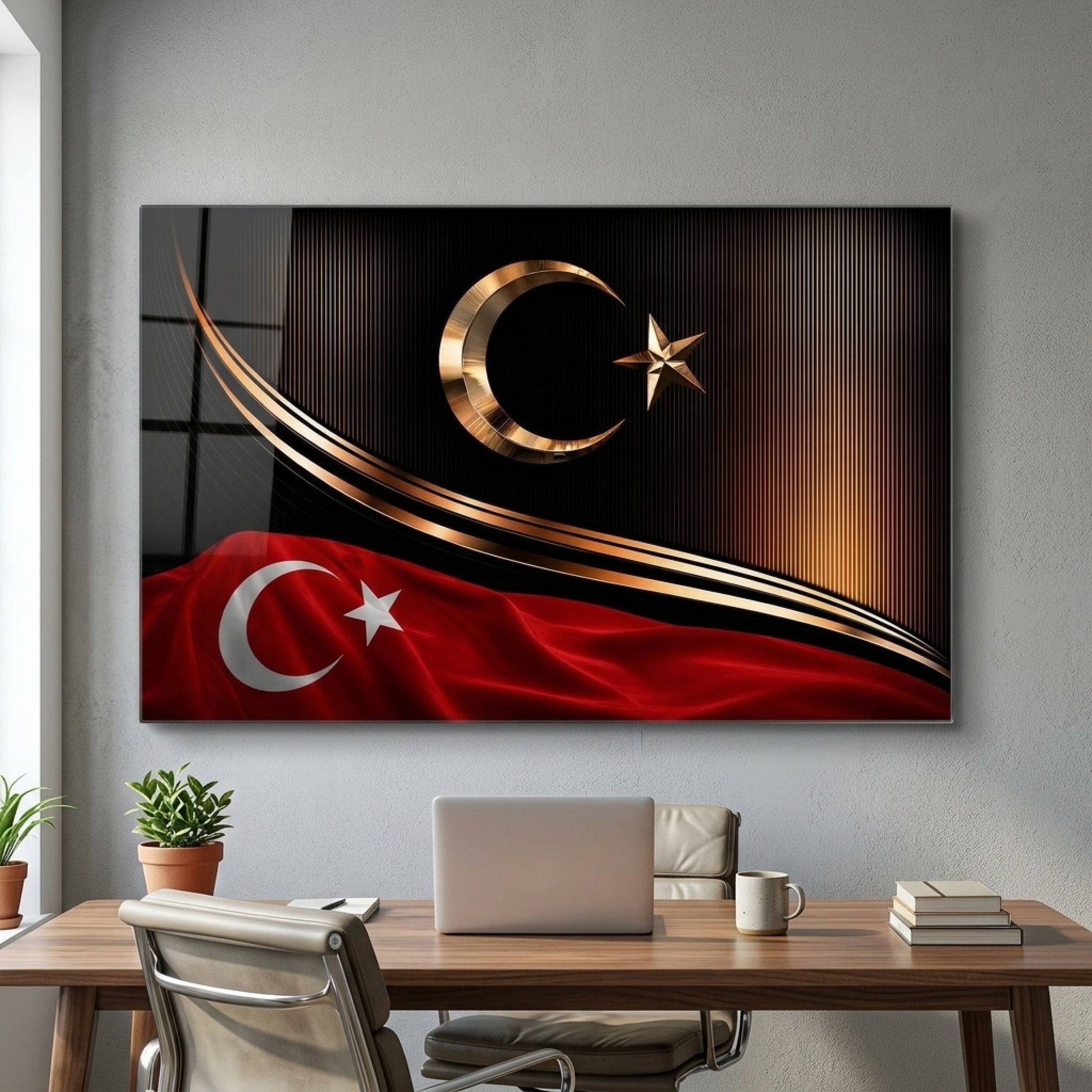 Prestijli Altın Ay Yıldızlı Türk Bayrağı Yatay Cam Tablo