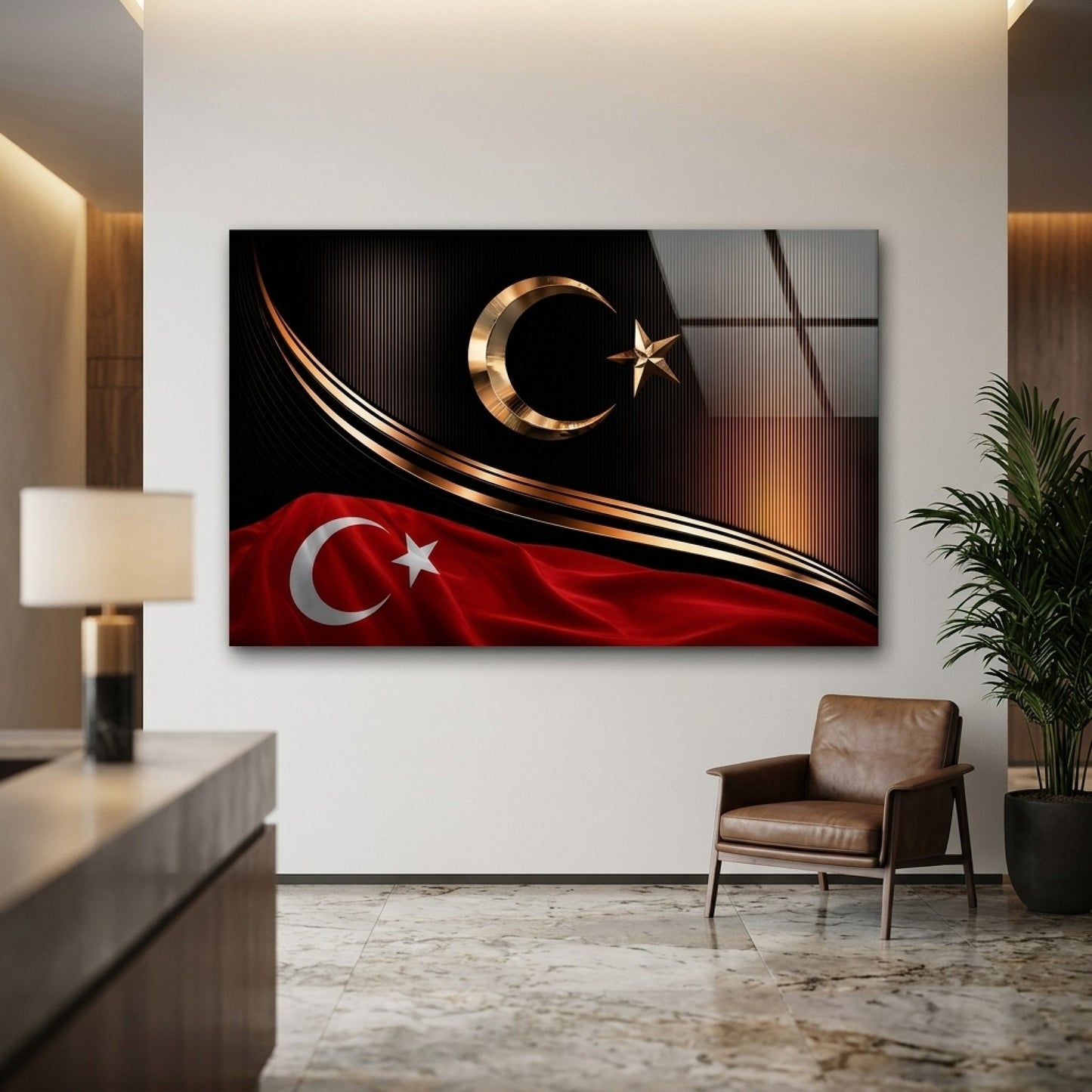 Prestijli Altın Ay Yıldızlı Türk Bayrağı Yatay Cam Tablo