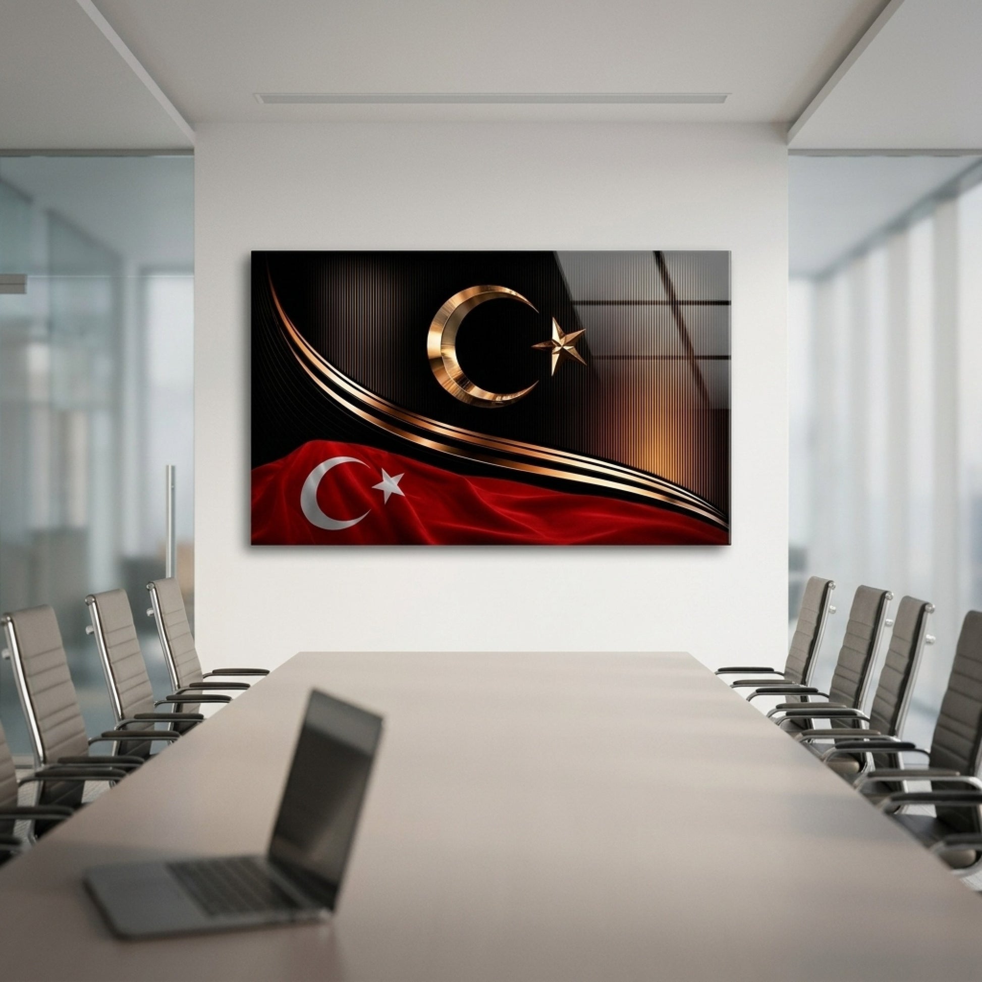 Prestijli Altın Ay Yıldızlı Türk Bayrağı Yatay Cam Tablo