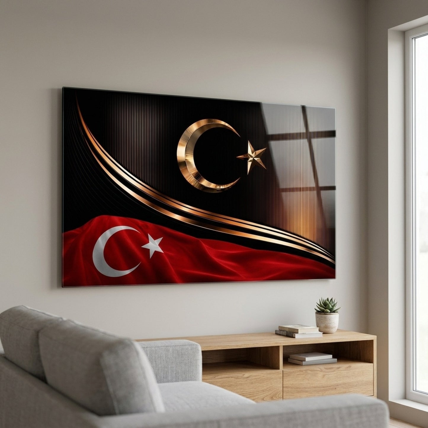Prestijli Altın Ay Yıldızlı Türk Bayrağı Yatay Cam Tablo