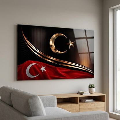 Prestijli Altın Ay Yıldızlı Türk Bayrağı Yatay Cam Tablo