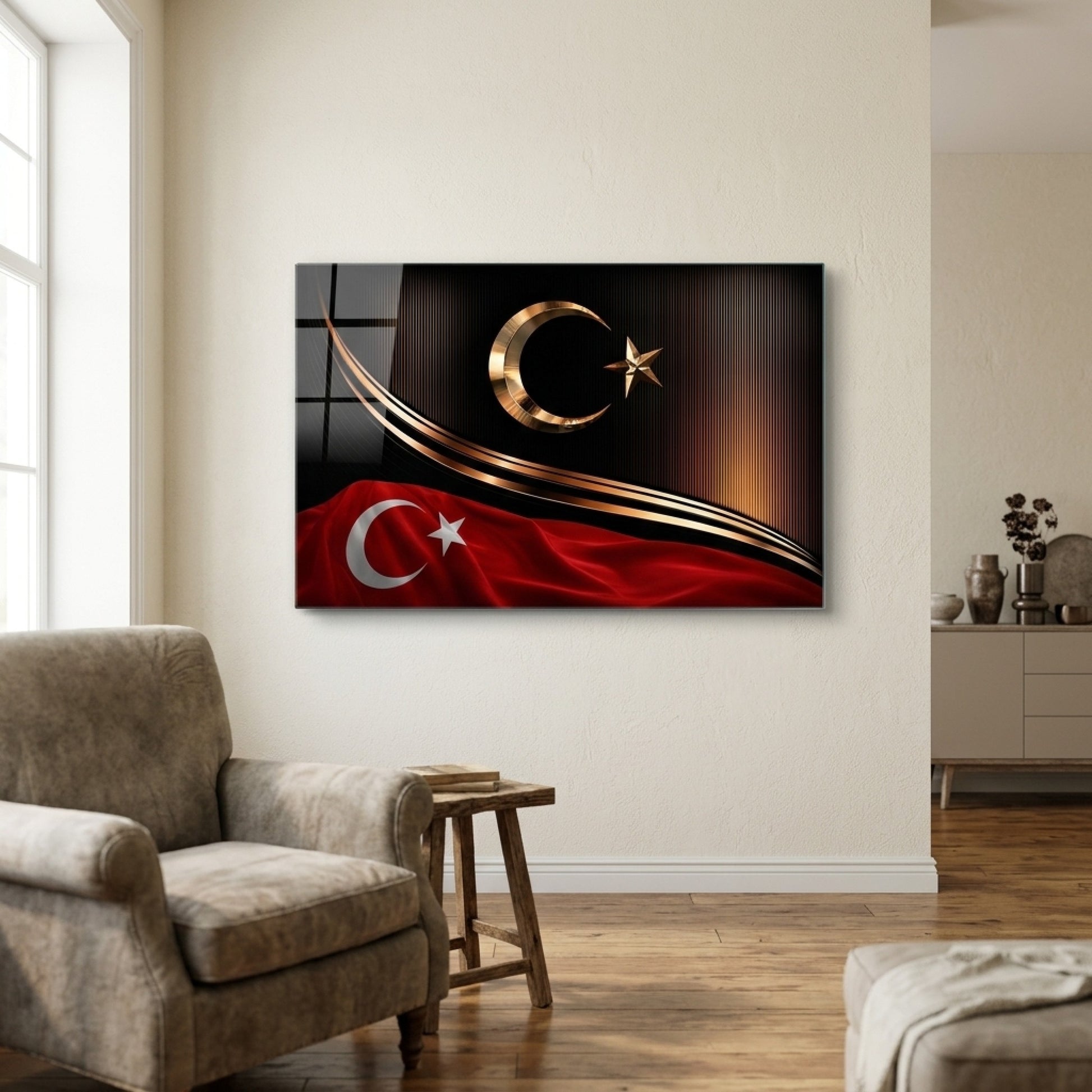 Prestijli Altın Ay Yıldızlı Türk Bayrağı Yatay Cam Tablo