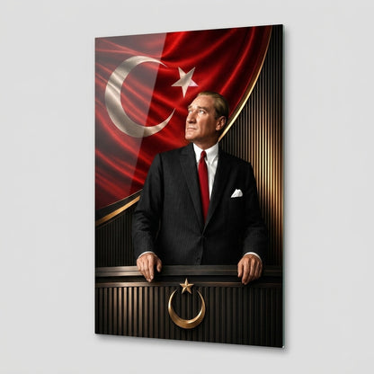 Atatürk Türk Bayrağı Kürsü Temalı Sanatsal Dikey Cam Tablo