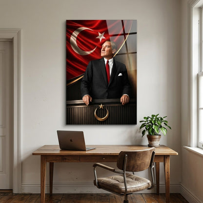 Atatürk Türk Bayrağı Kürsü Temalı Sanatsal Dikey Cam Tablo