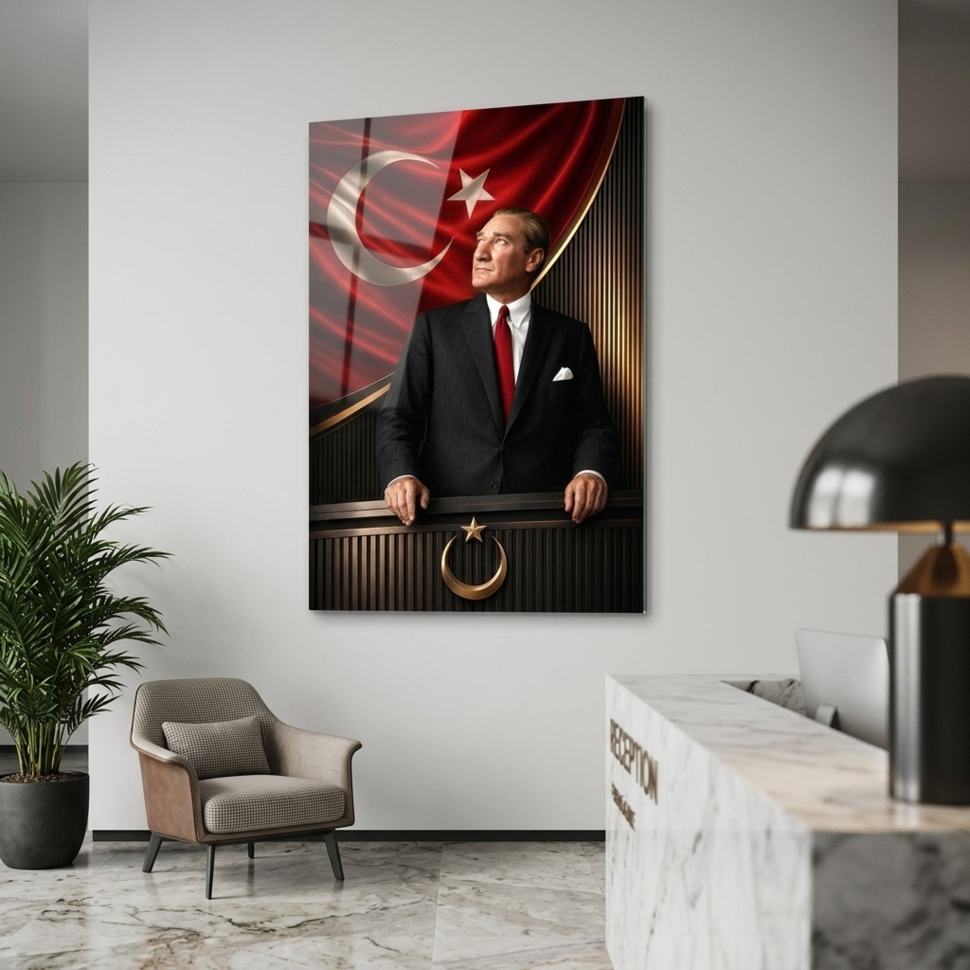 Atatürk Türk Bayrağı Kürsü Temalı Sanatsal Dikey Cam Tablo