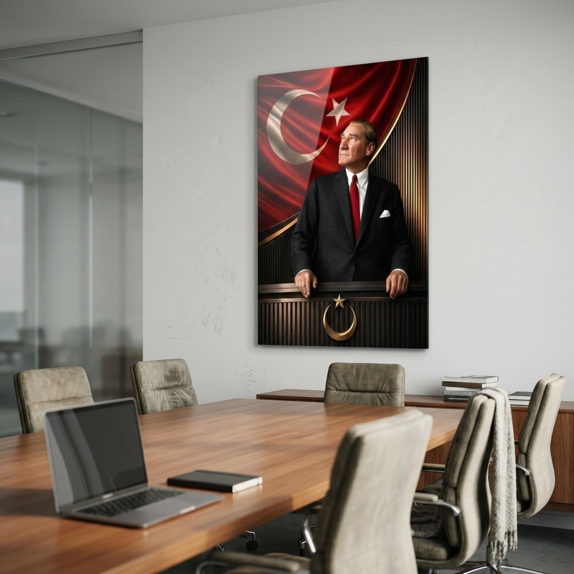 Atatürk Türk Bayrağı Kürsü Temalı Sanatsal Dikey Cam Tablo