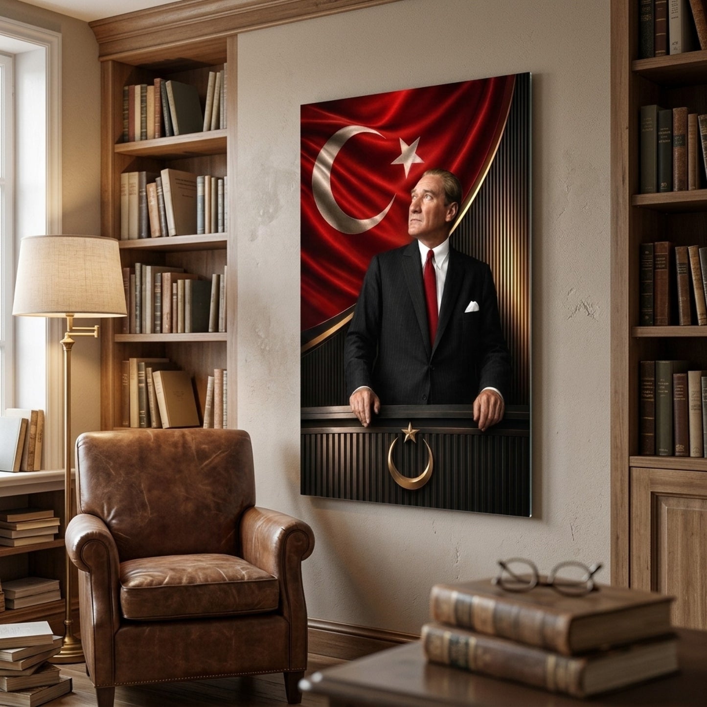 Atatürk Türk Bayrağı Kürsü Temalı Sanatsal Dikey Cam Tablo