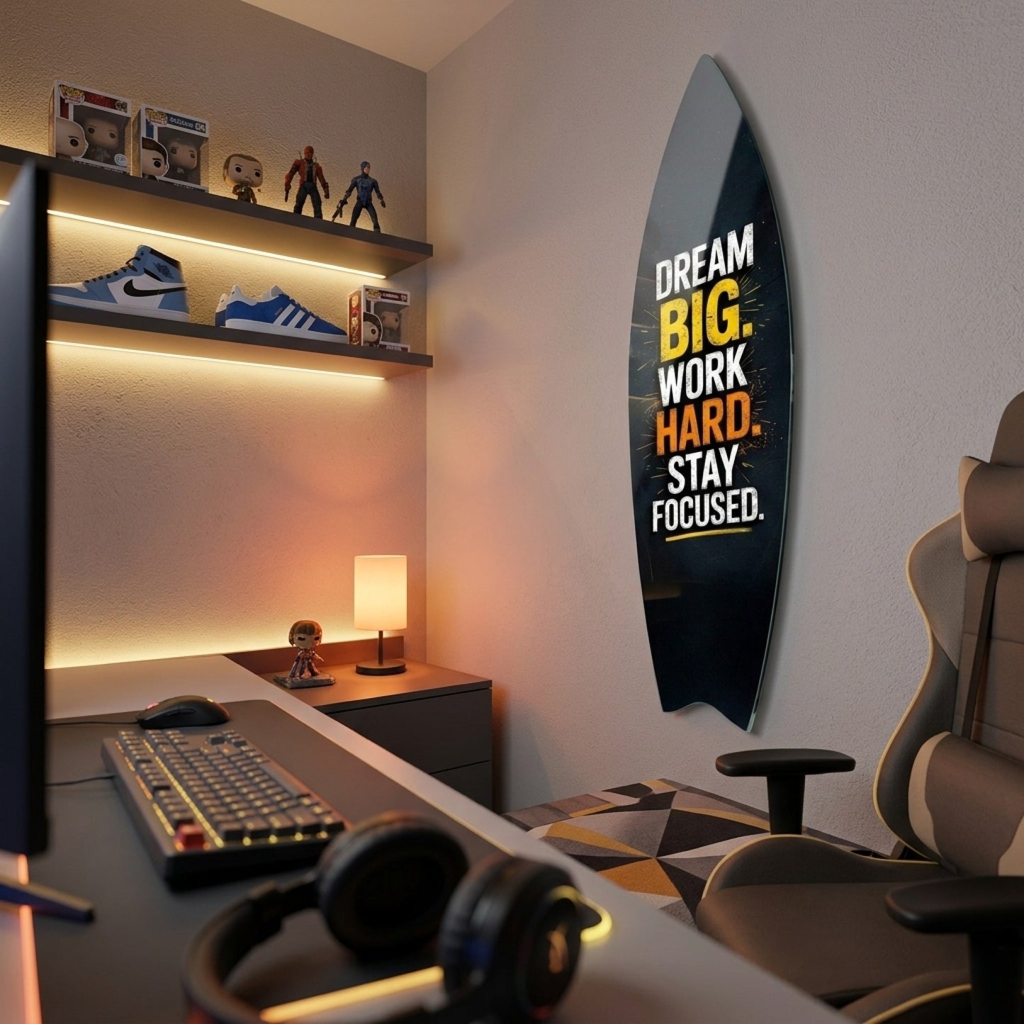 Dream Big Work Hard Motivasyon Yazılı Surf Board Cam Tablo