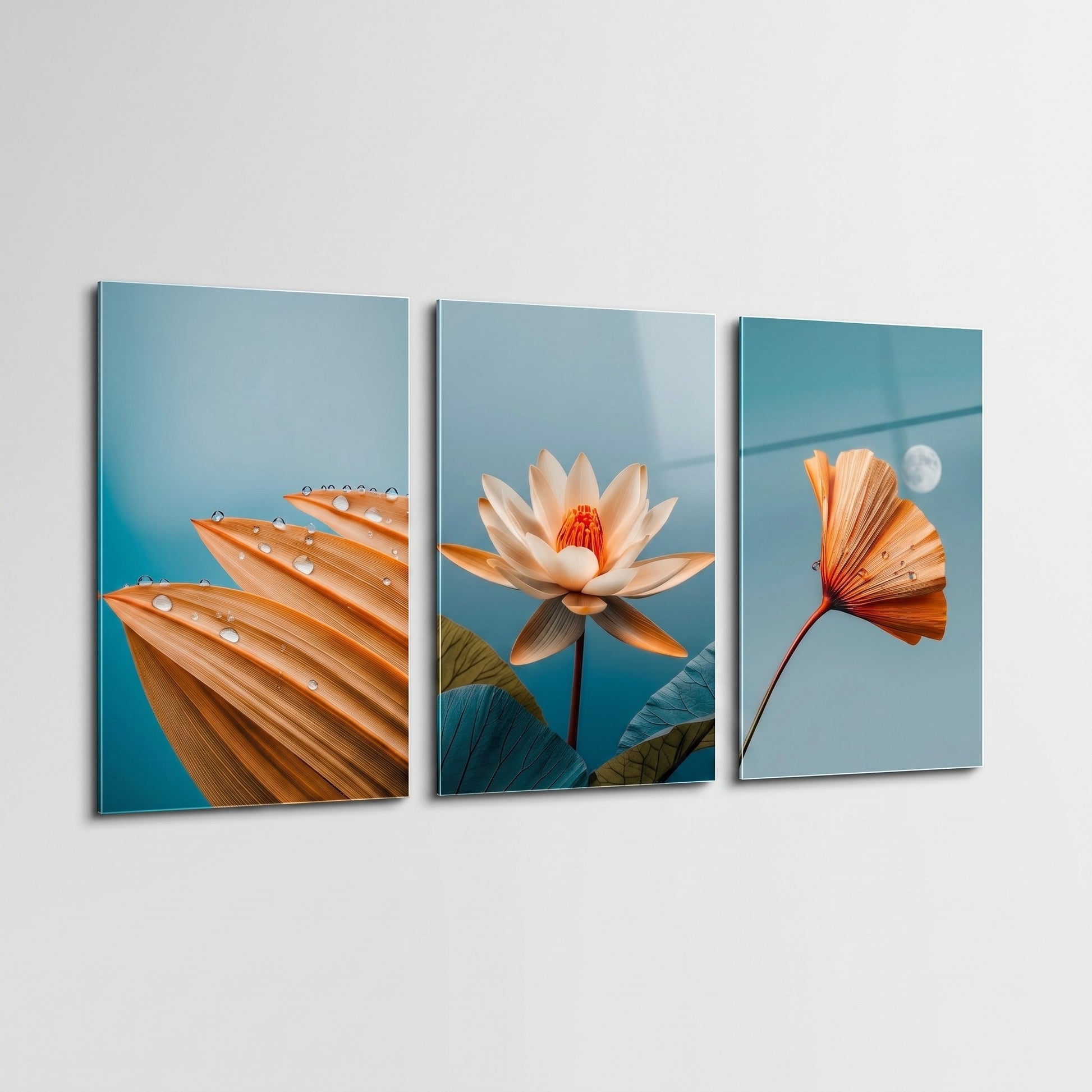 Turuncu Lotus Su Damlası Dikey 3'lü Set Cam Tablo