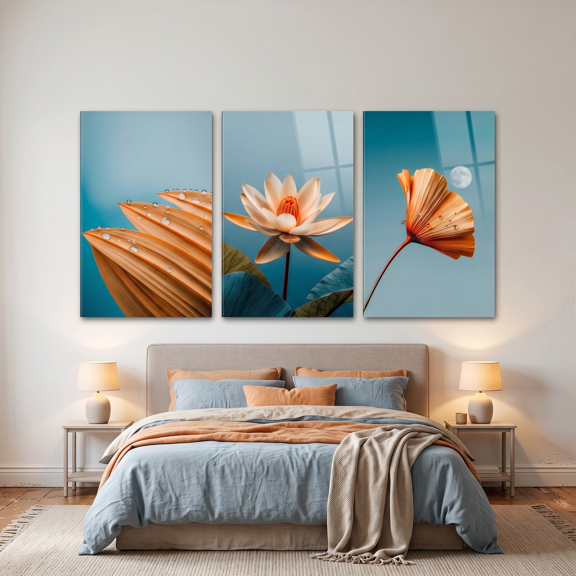 Turuncu Lotus Su Damlası Dikey 3'lü Set Cam Tablo
