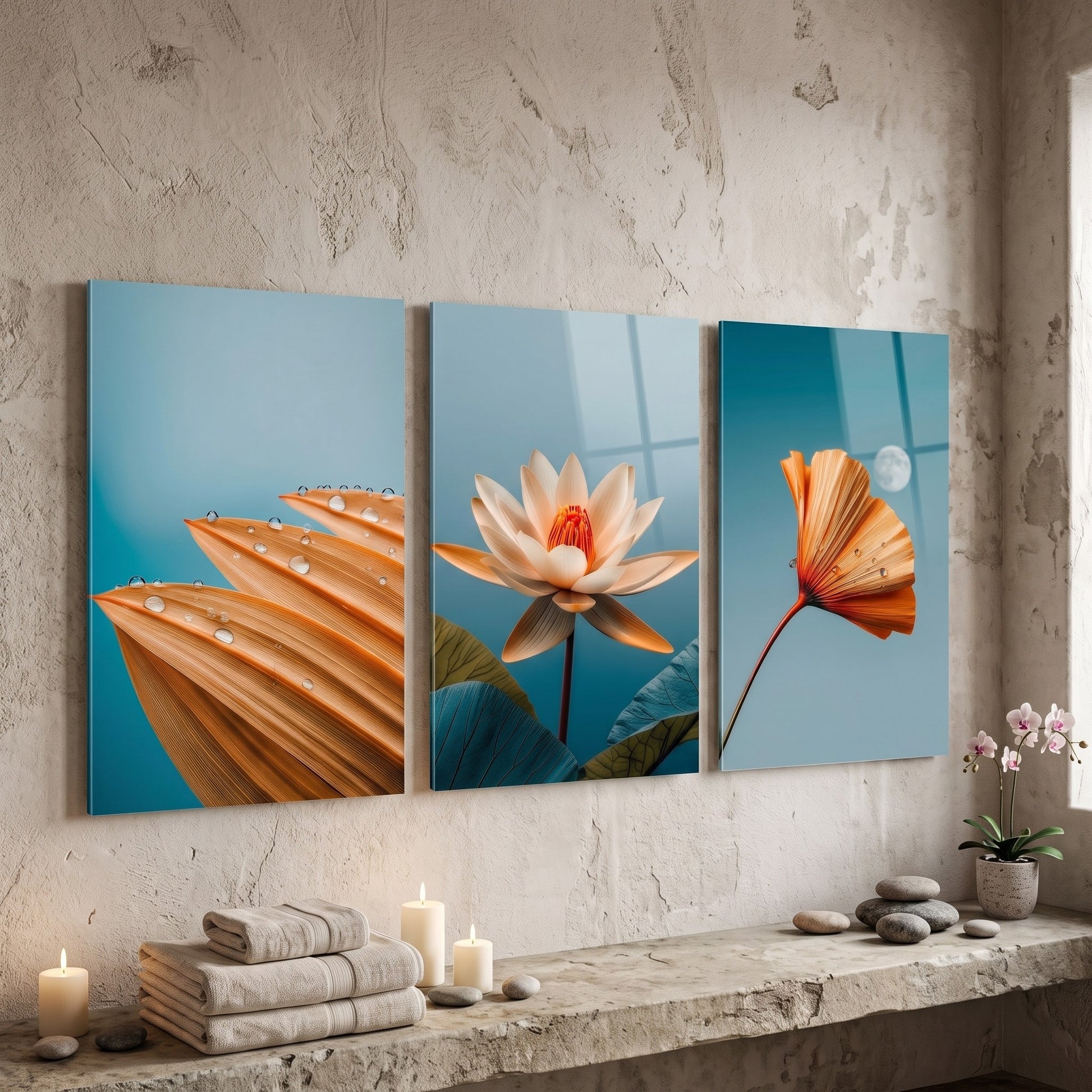 Turuncu Lotus Su Damlası Dikey 3'lü Set Cam Tablo