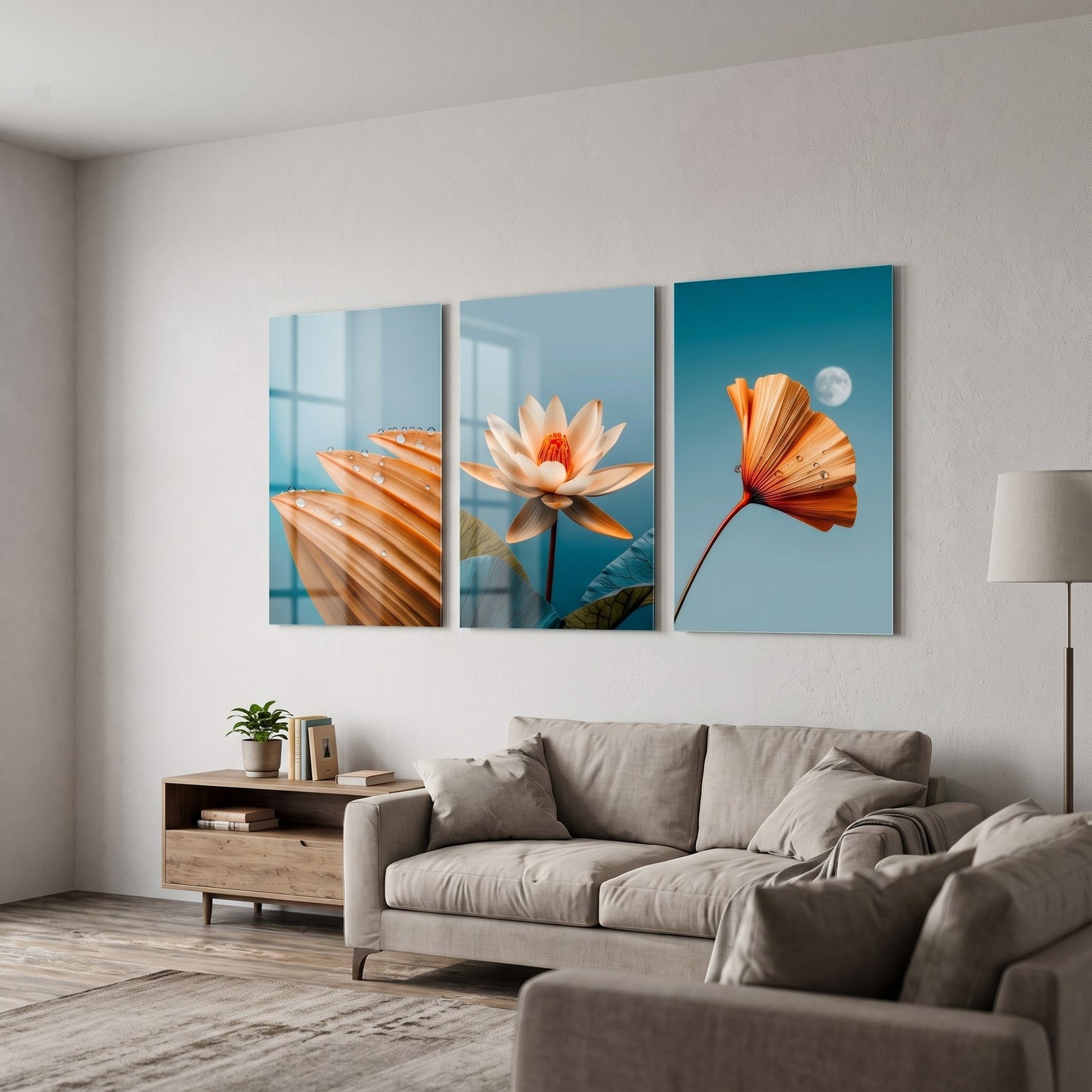Turuncu Lotus Su Damlası Dikey 3'lü Set Cam Tablo
