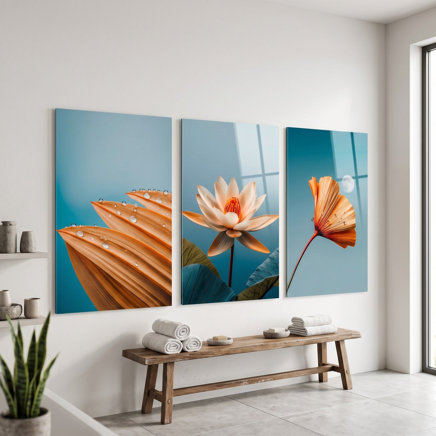 Turuncu Lotus Su Damlası Dikey 3'lü Set Cam Tablo