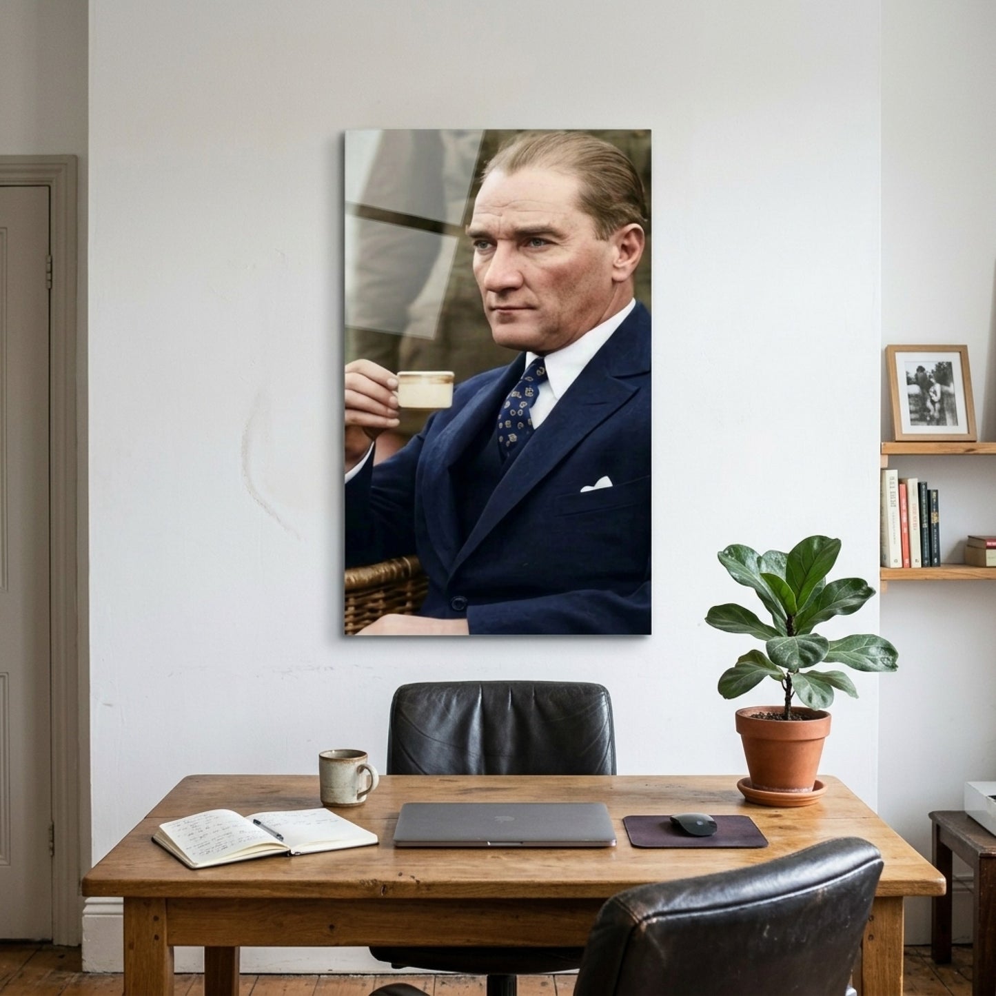 Mustafa Kemal Atatürk Kahve İçen Portresi Dikey Cam Tablo