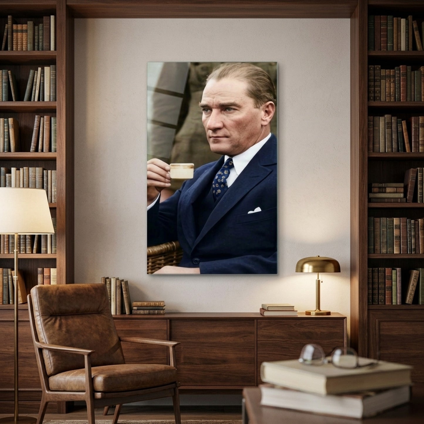 Mustafa Kemal Atatürk Kahve İçen Portresi Dikey Cam Tablo
