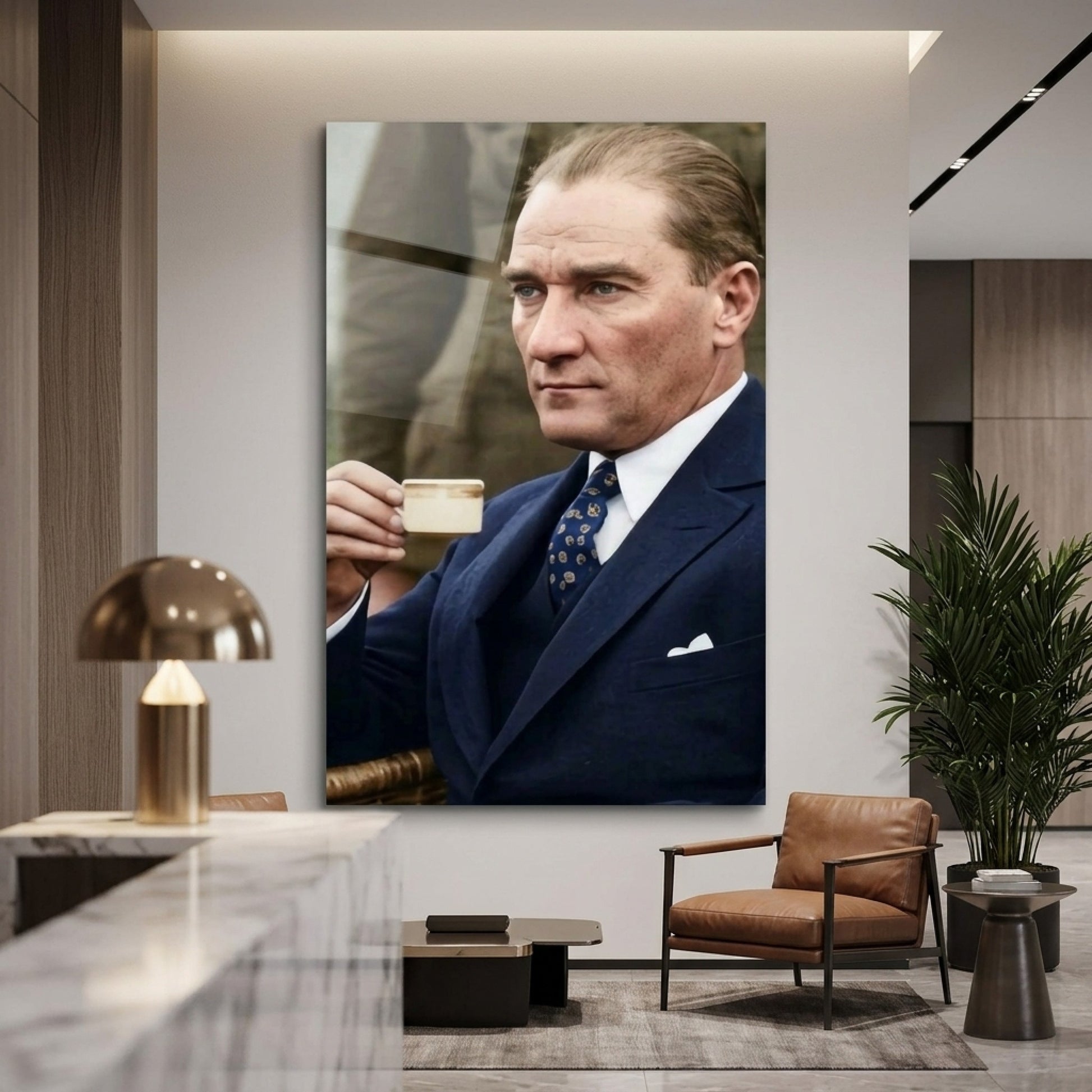 Mustafa Kemal Atatürk Kahve İçen Portresi Dikey Cam Tablo